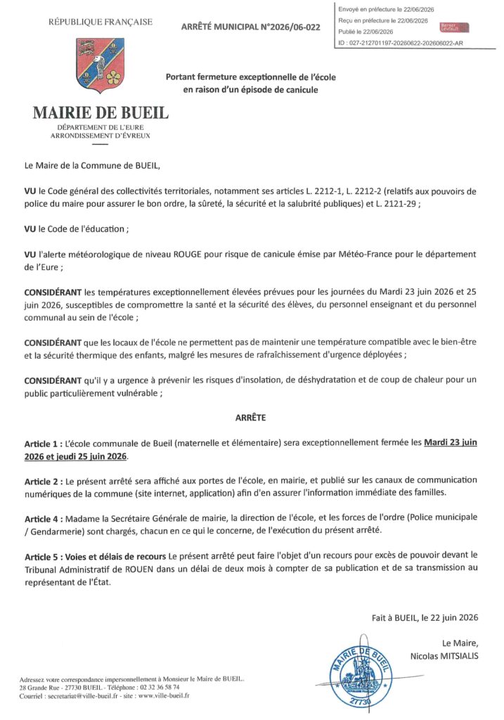 Arrêté portant fermeture exceptionnelle de l'école cause canicule